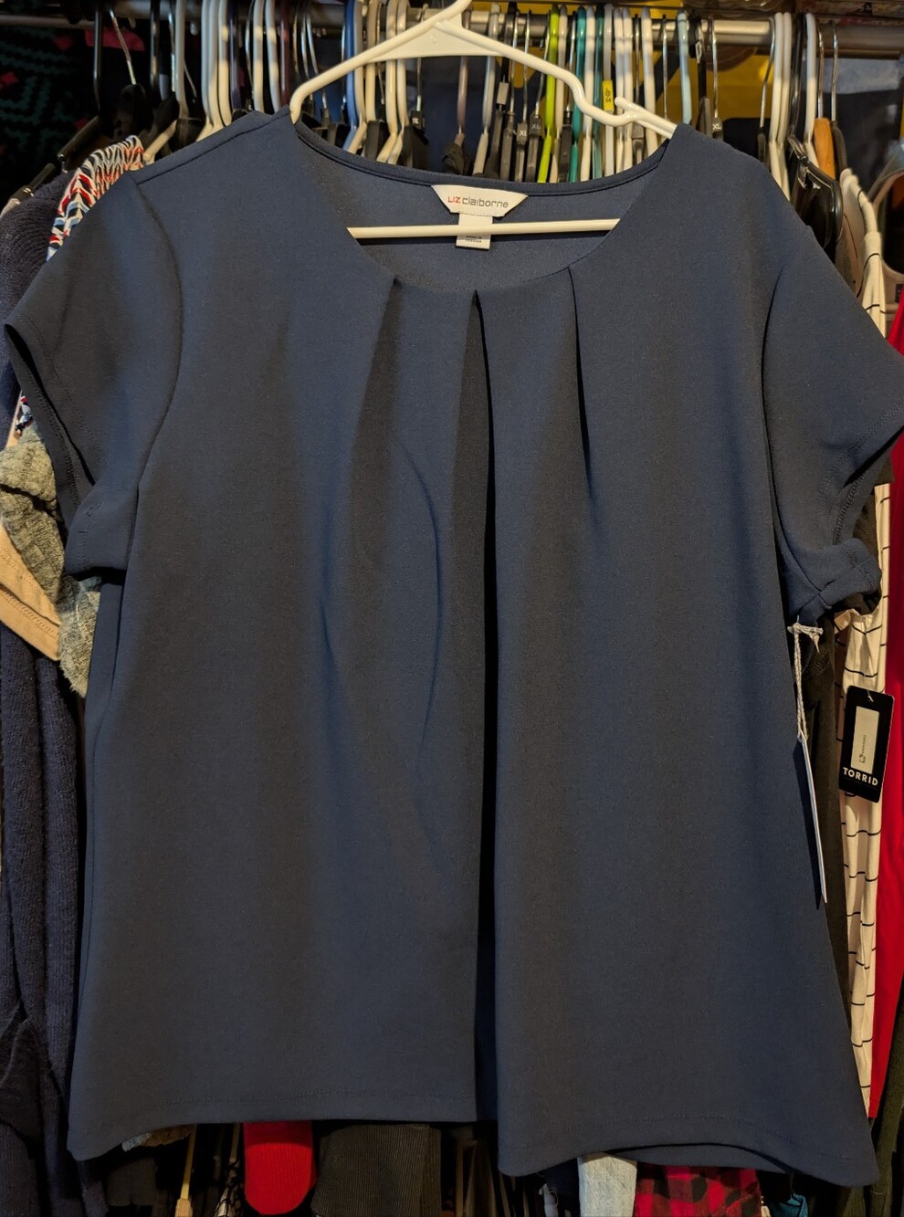 Navy Short Sleeve Pleat-Front Blouse